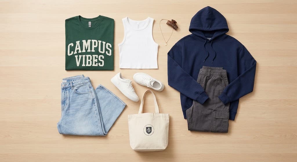 Campus Casual, Graphic tees, oversized hoodies, denim & cargos